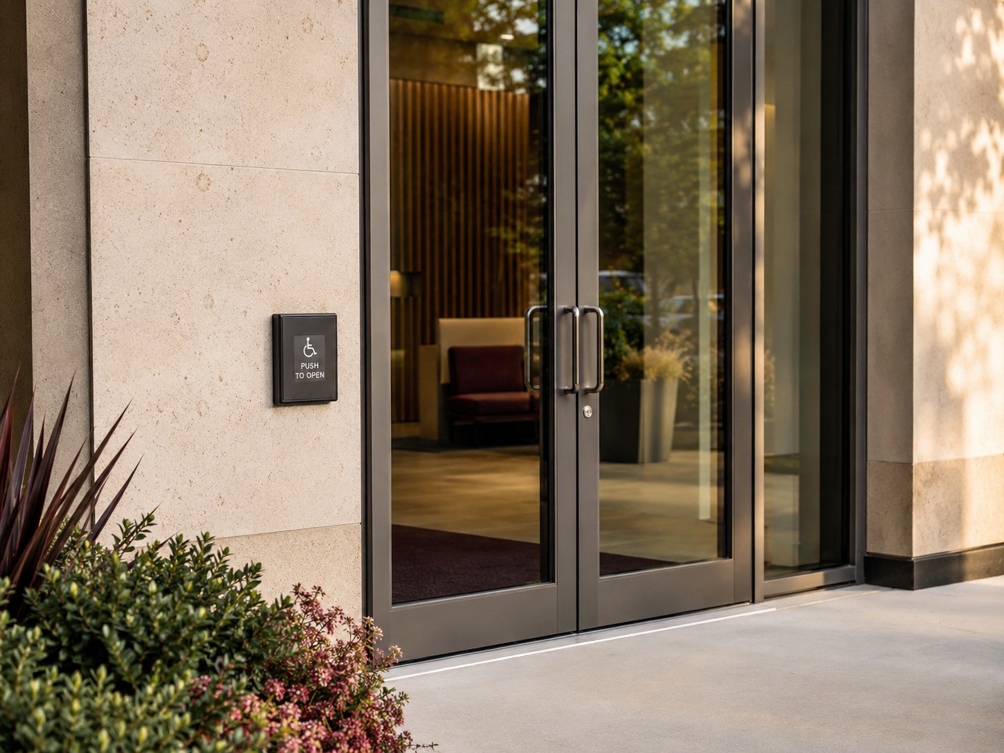 An accessible corporate building entrance with automatic door opener