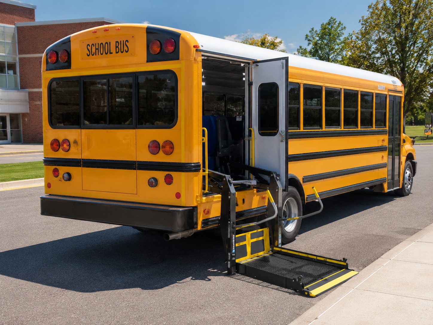 A school bus with a wheelchair lift deployed