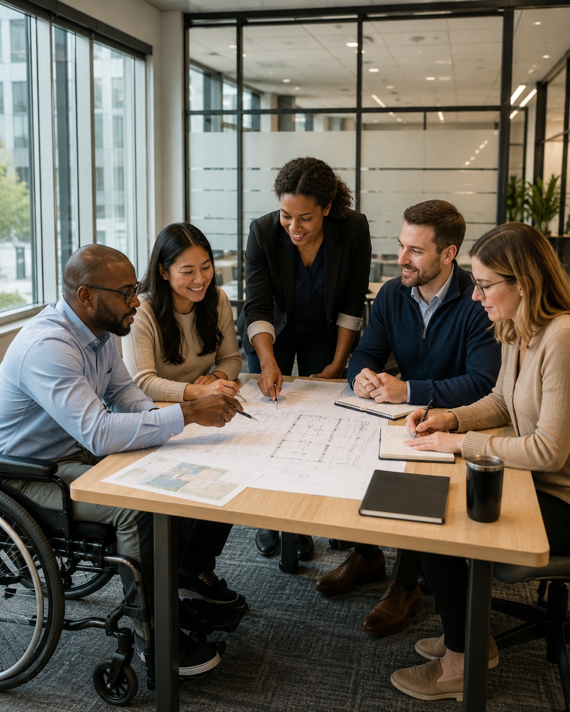 A professional setting where corporate teams collaborate on accessibility planning