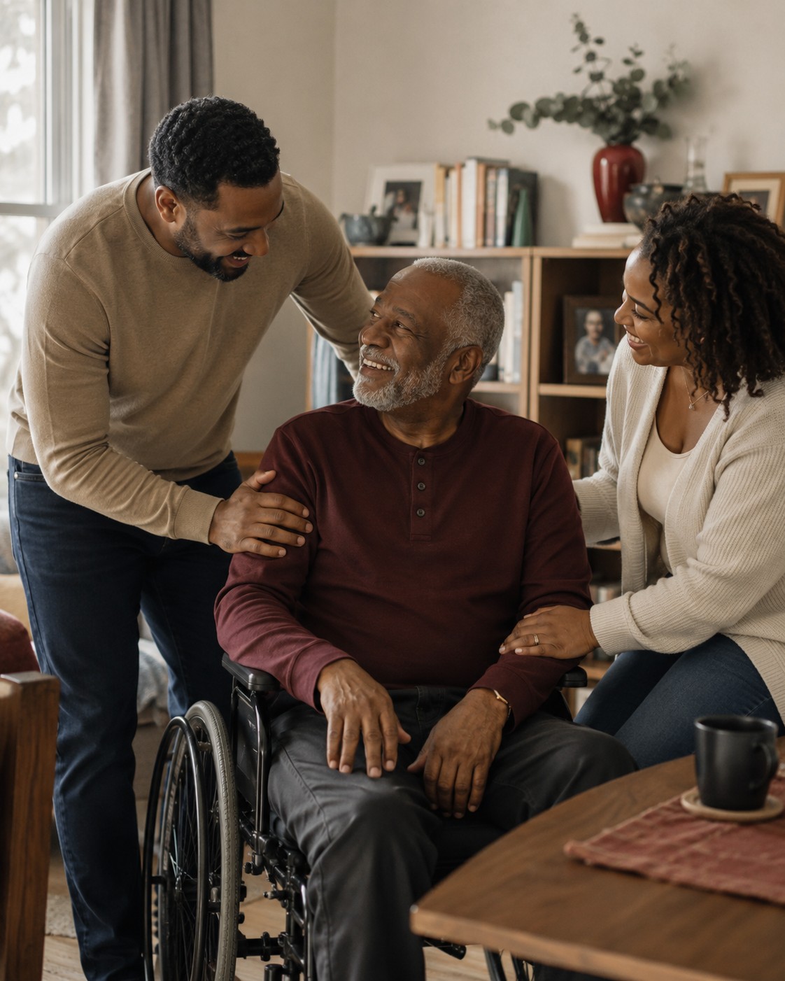 A family member helping an aging parent with mobility equipment in their home