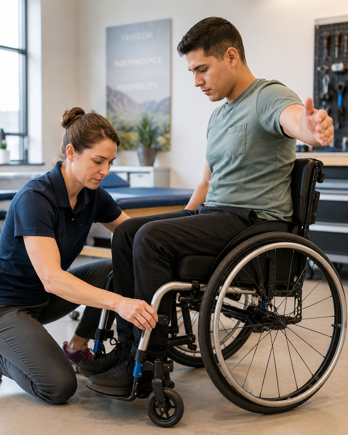 A clinician working alongside an ATP specialist to fit a custom mobility chair for a patient