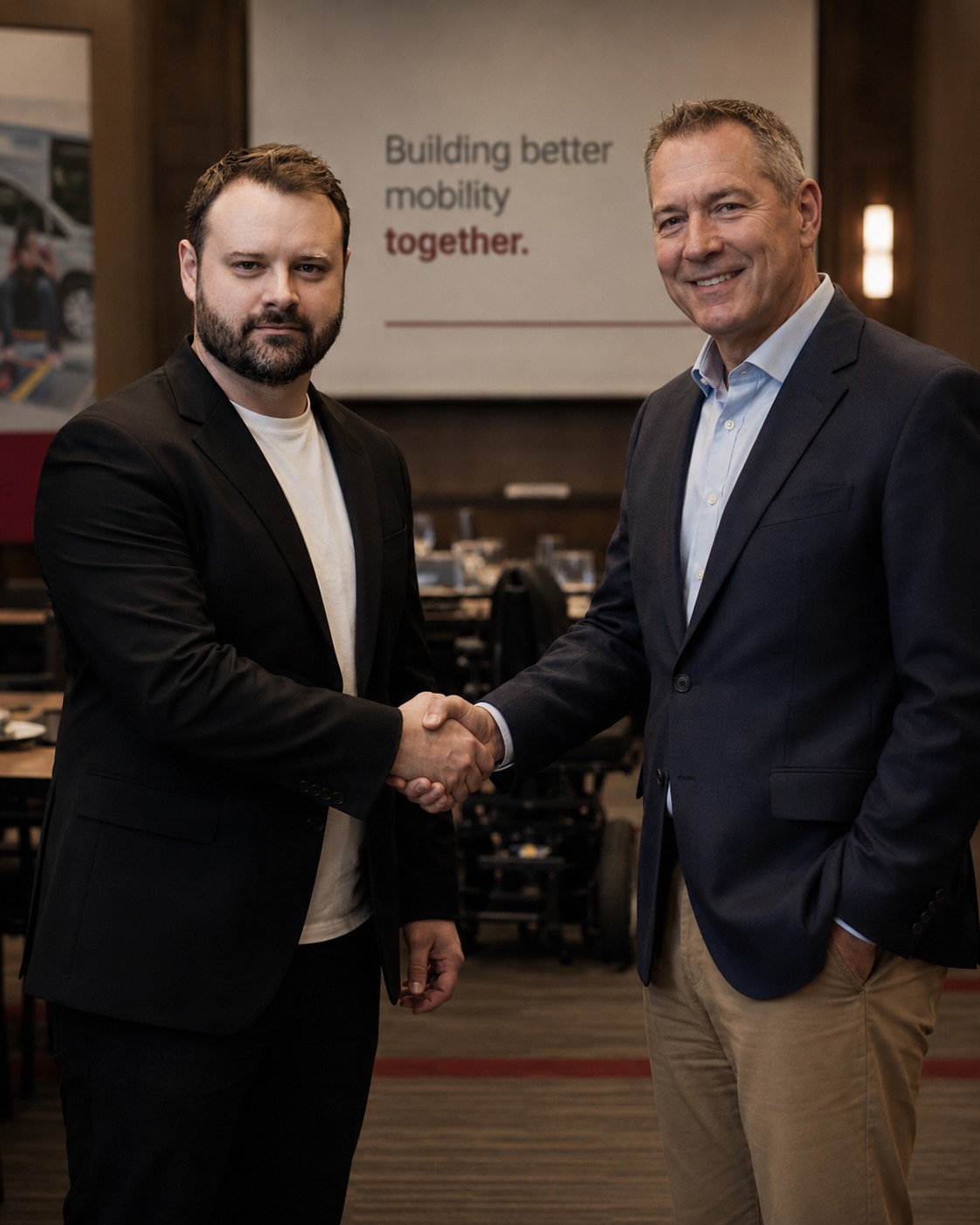 A handshake between MMC leadership and a manufacturer's channel executive in a professional setting