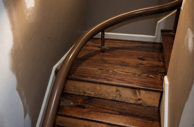 Handicare curved stairlift rail in brown sweeping around the bottom of wooden stairs