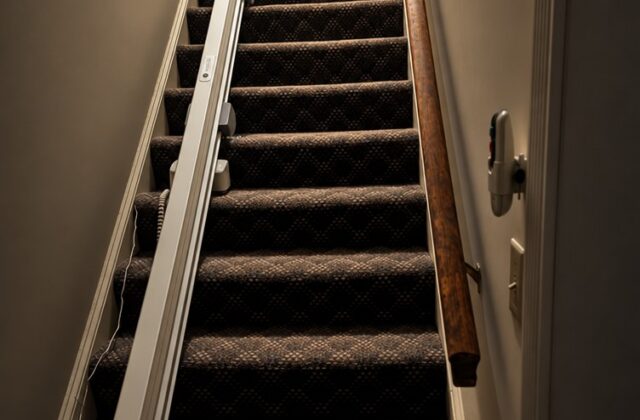 Stairlift rail along dark patterned carpeted stairs with a wooden handrail